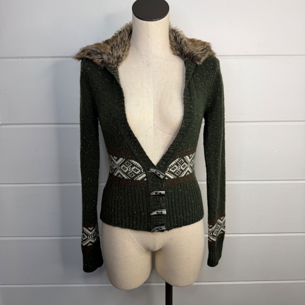 Pandemonium Green Y2K Faux Fur Trim Cardigan Medium Fair Isle Toggle Wool Blend